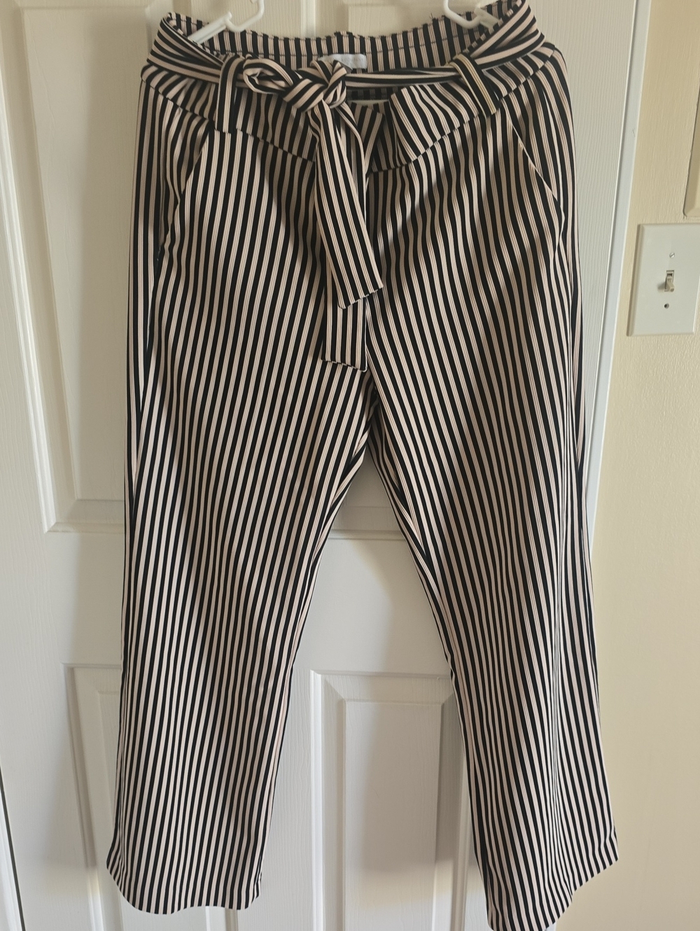 New York & Company Tan and Black Vertical-Stripe Tie-Waist Pants